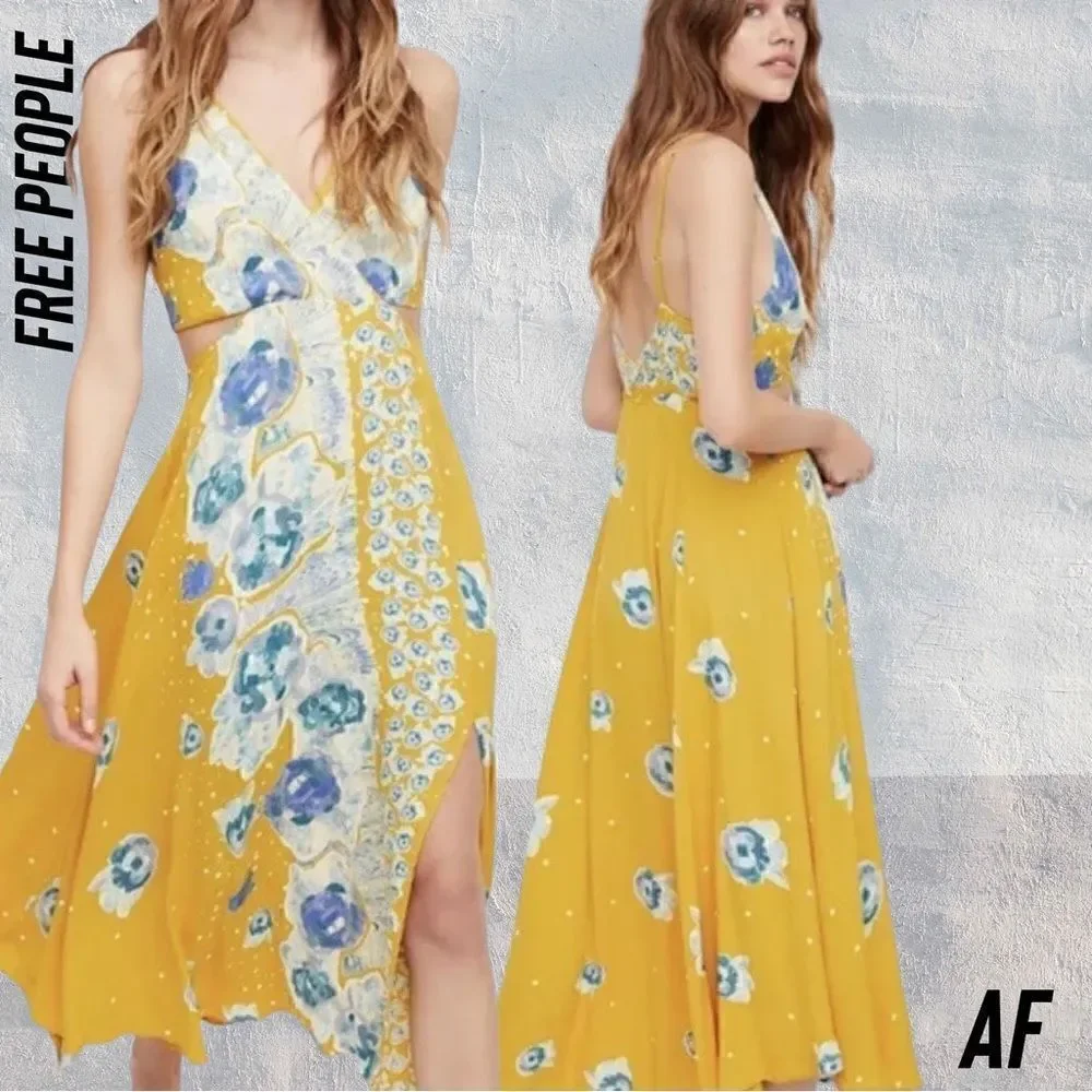 Free People Yellow Floral Maxi Dress with Blue Accents
